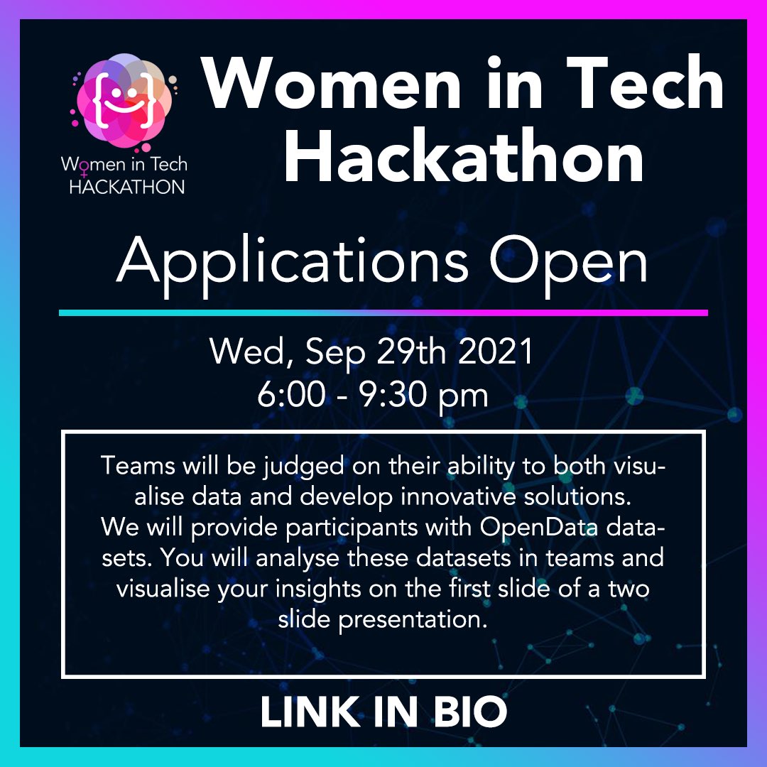 thedatasoc's tweet image. Applications are now open for our first ever Women in Tech Hackathon, Wed Sept 29th! 👩🏽‍💻

During this event, you will analyse datasets relating to female participation and representation, visualising your insights in a group presentation💡

Apply now 👉 lnkd.in/eXnQtTXt