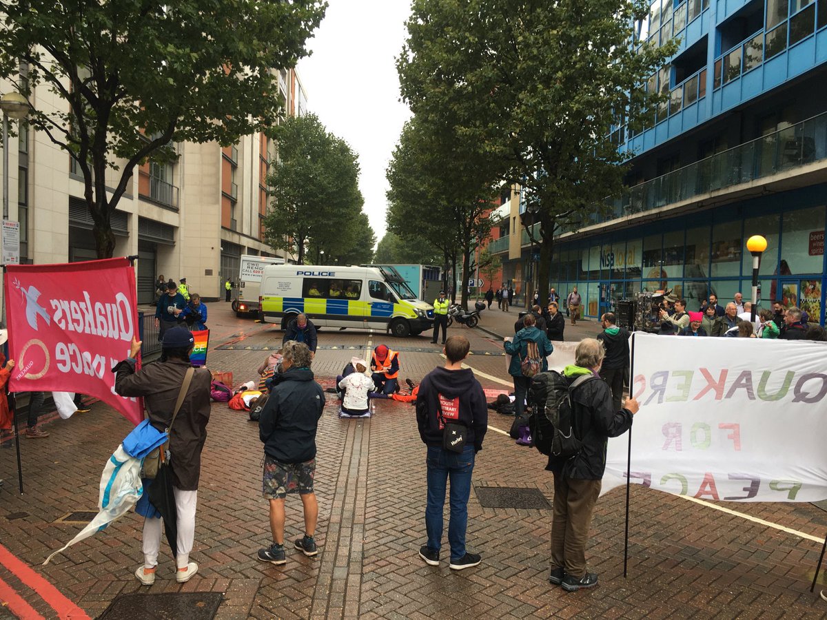 Blockade! Entrance to the huge DSEI arms fair has been blocked for over an hour. We stand with the marginalised, terrorised and traumatised and stay #StopDSEI ⁦@StopTheArmsFair⁩