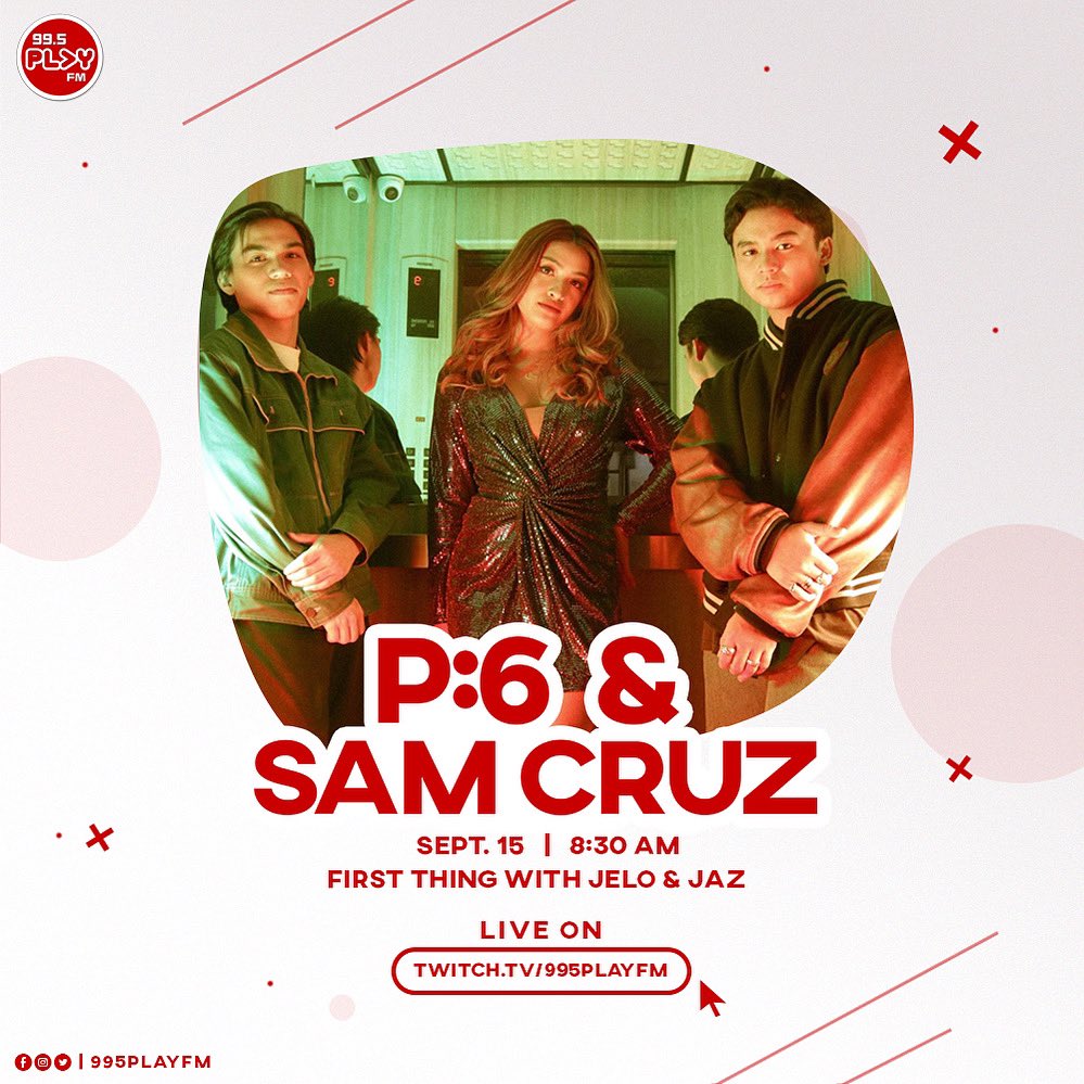 995PlayFM's tweet photo. The whole crew is dropping by the #FTIM tomorrow! 🙌🏼 Catch P:6 and SAM CRUZ with @jelo_andres &amp; @_jazreyes tomorrow, Sept 15 at 8:30 AM 

🌐 https://t.co/T4sXdQVM8r
🌐 https://t.co/lmpcl6Ez3E https://t.co/yzGB9Pwlpp