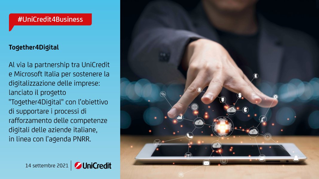 #UniCredit4Business: parte oggi #Together4Digital, progetto di #UniCredit e <a href="/microsoftitalia/">Microsoft Italia</a> per sostenere e le imprese, fornendo loro competenze, tecnologia, strumenti per una crescita sostenibile, #digitale e finanziaria, in linea con il #PNRR. Info: bit.ly/3z418Hq.
