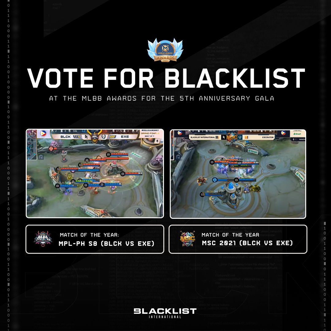 BLACKLISTINTL's tweet image. Two of our matches are also nominated at the MLBB Awards for Best MPL Match! The MPL Finals and the MSC Finals, both against Execration!

Cast your vote here:
play.mobilelegends.com/events/mlbbawa…

#legendary5 #MLBBAwards #BreakTheCode #OneFam