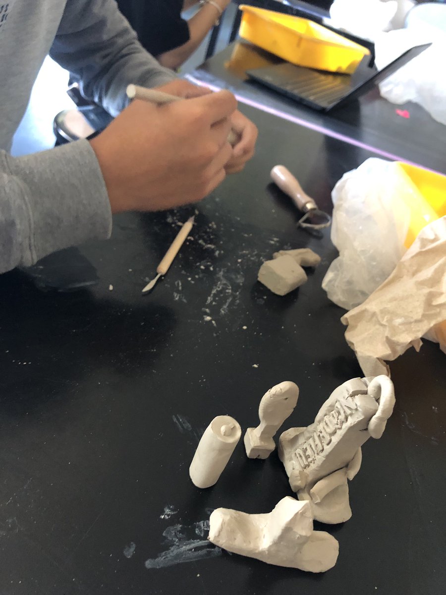 Ms_Landsbach's tweet photo. Why sign your name on a project when you can create your own “maker’s mark,” instead?! 
Ceramics I students create their own signature/maker’s marks &amp; texture stamps for use on upcoming projects 🍵 #signaturestamps #seals #makersmarkstamp #ceramicsclass #ehhs #easthaven #artclass https://t.co/dkUDlZZfGd