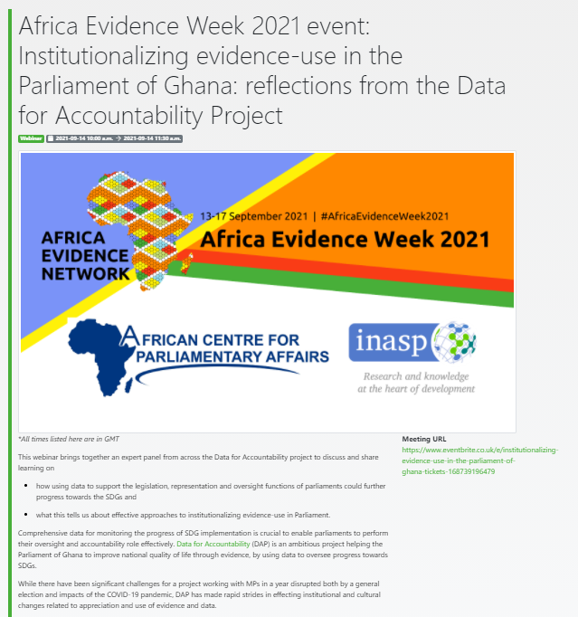 Africa_evidence's tweet image. STARTING SOON | A panel from the #DataforAccountability project will reflect on how using data to support the functions of #parliaments could further progress towards the #SustainableDevelopmentGoals: bit.ly/3z0Kk48 #AfricaEvidenceWeek2021