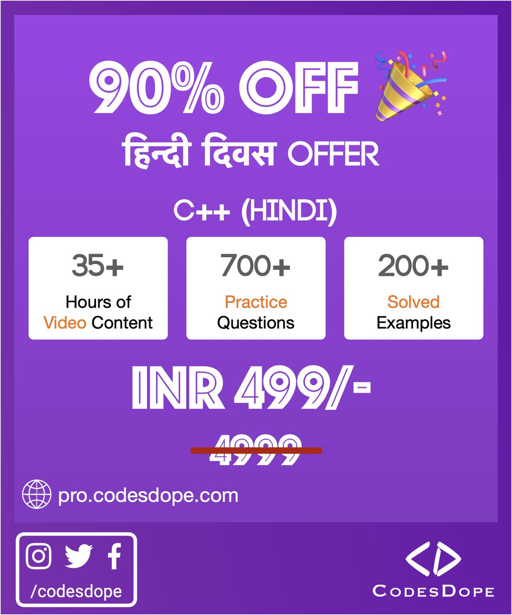 CodesDope's tweet image. #hindiDiwas #हिंदी_दिवस #hindi_diwas_offer #cpp #cpp_hindi #hindi

codop.es/pro-cpp