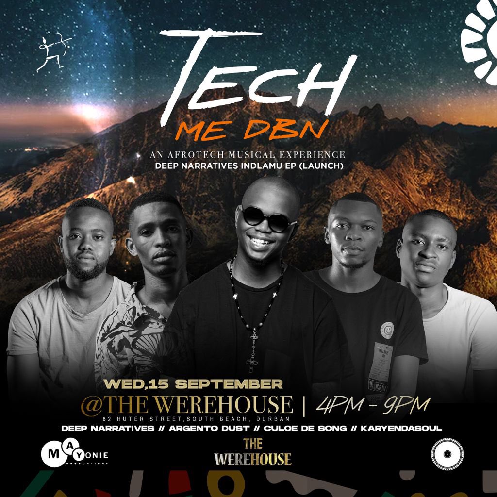 This wednesday we present international accredited Dj @CuloeDeSong & @DeepNarratives #Indlamu EP Launch 
 Welcome to #TechMeDBN 

Date   :   15 September 
Venue:   The WereHouse 
Time  :    04PM - 11PM 

Guest djs : 
@DeepNarratives 
@CuloeDeSong 
@Karyendasoul 
@ArgentoDust