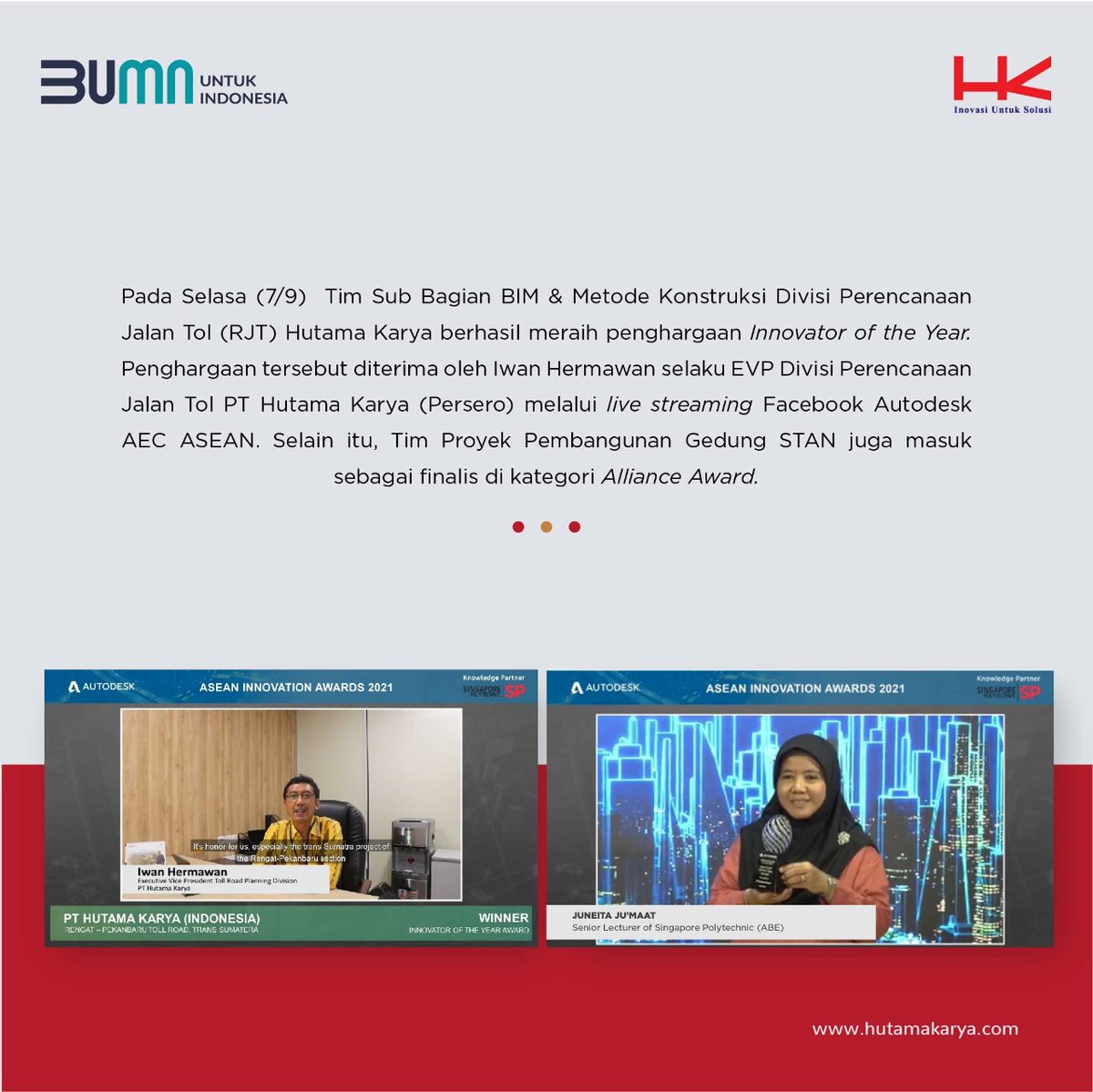 HutamaKarya's tweet image. #Infrabuddies, Hutama Karya baru saja meraih penghargaan di Autodesk ASEAN Innovation Awards sebagai Innovator of the Year 2021, lho! 
Wah, keren ya! Semoga penghargaan ini dapat memberikan motivasi lebih dalam mengimplementasikan BIM. 

#HutamaKarya
#TechnologyforSustainability