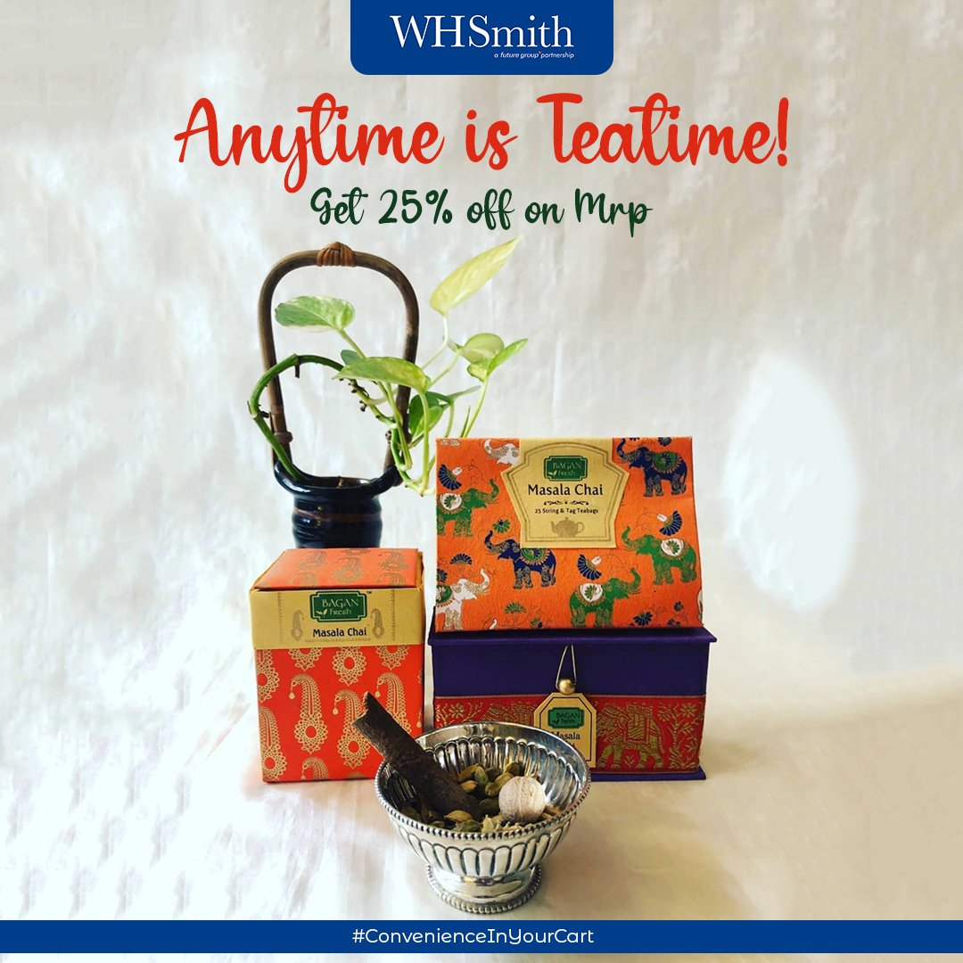 WHSmith_India's tweet photo. Get a Bagan tresh Darjeeling tea experience with your loved ones, but this time with a discount. Head over to your nearest @whsmith_india and avail this offer.
#WHSmithindia #Souvenir #TeaLover #Tea #Chai #Chailover #TeaTime #SnackPartner #Monsoon #Offer #ConveniencelnYourCart https://t.co/SvqemgT8w6