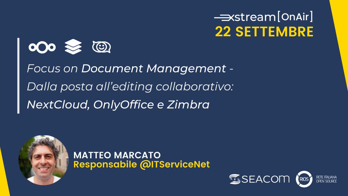 SEACOMsrl's tweet photo. Hai sempre desiderato una piattaforma dove tenere al sicuro i tuoi dati e documenti su cloud privato?
#ItServicenet presenterà a #XStreamCollaboration i vantaggi dell'integrazione delle soluzioni #NextCloud, #OnlyOffice e #Zimbra.
Iscrizioni gratuite➡️https://t.co/UaoXoi5CCu https://t.co/PIOqZ9alep