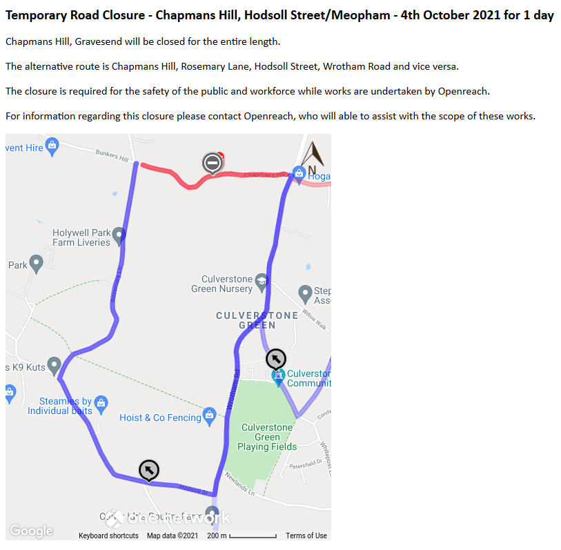 Meopham Parish Council (@meophampc) on Twitter photo Temporary Road Closure - Chapmans Hill, Hodsoll Street/Meopham - 4th October 2021 for 1 day Temporary Road Closure - Chapmans Hill, Hodsoll Street/Meopham - 4th October 2021 for 1 day