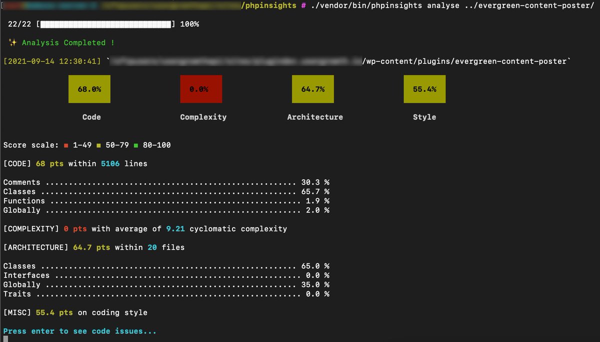 jcvangent's tweet image. Found this awesome little tool called @phpinsights today that reminded me again to implement single quotes over double codes and some other great tips for optimising my code. Improving the #evergreencontentposter one line of code at a time! #buildinpublic #WIP
