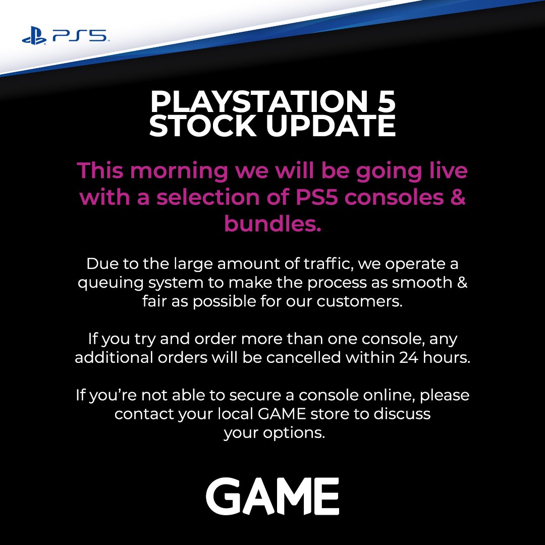 ⚠️ GAME are still set to release "this morning". Considering the morning is almost over, be at the ready.

Remember to click through and choose a bundle as quick as you can to get into the queue.

Link to bundles: bit.ly/3tSQXmP

#PS5 #Alerts #Restock #UK