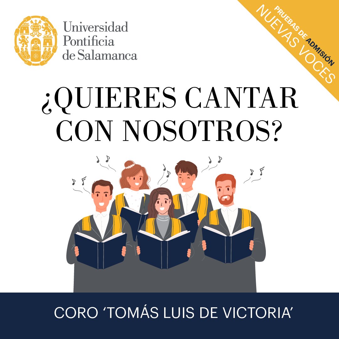 UPSA (@upsa) on Twitter photo 🔔 Si te gusta cantar, conocer gente nueva, viajar y compartir experiencias musicales, apúntate a nuestro <a href="/CoroUPSA/">Coro Tomás Luis de Victoria</a> 🎵🎶
Las pruebas de voz serán los jueves 16, 23 y 30 (de 19:00 a 20:00 h) en el Aula del Coro de la sede central. 🔔 Si te gusta cantar, conocer gente nueva, viajar y compartir experiencias musicales, apúntate a nuestro <a href="/CoroUPSA/">Coro Tomás Luis de Victoria</a> 🎵🎶
Las pruebas de voz serán los jueves 16, 23 y 30 (de 19:00 a 20:00 h) en el Aula del Coro de la sede central.