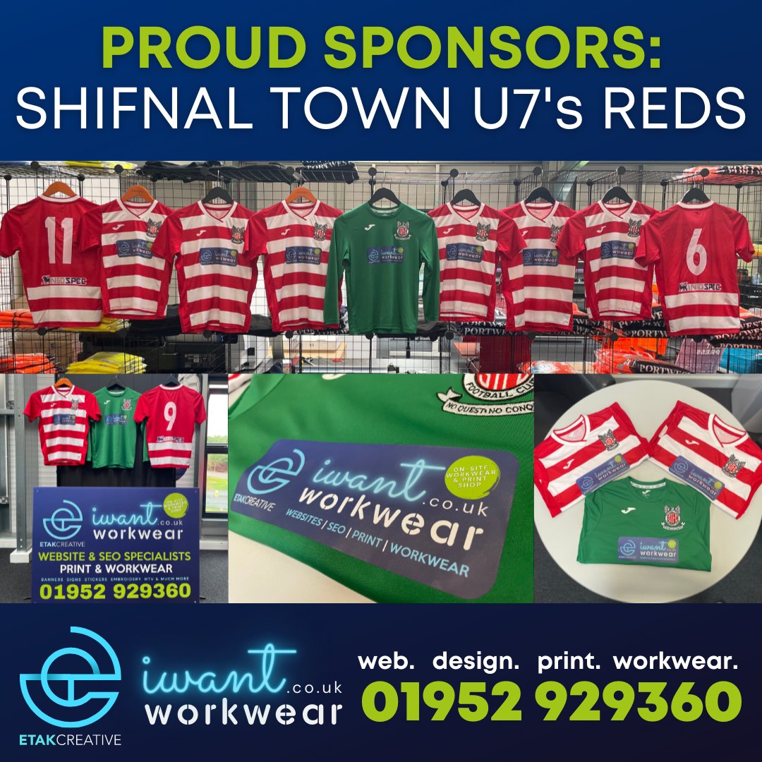 ETAK Creative and I Want Workwear are proud sponsors for Shifnal Town F.C. U7 Reds this season. It's great to be supporting local youth football and we look forward to seeing these kits out on the pitch. ⚽️⚽️⚽️.
