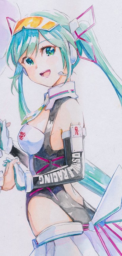 初音ミク ,レーシングミク 「最近、透明水彩絵の具🎨
でレーシングミクさんを描く事にハマってます¶(⁄ ‾᷄」|MayoRiyo まよりよのイラスト