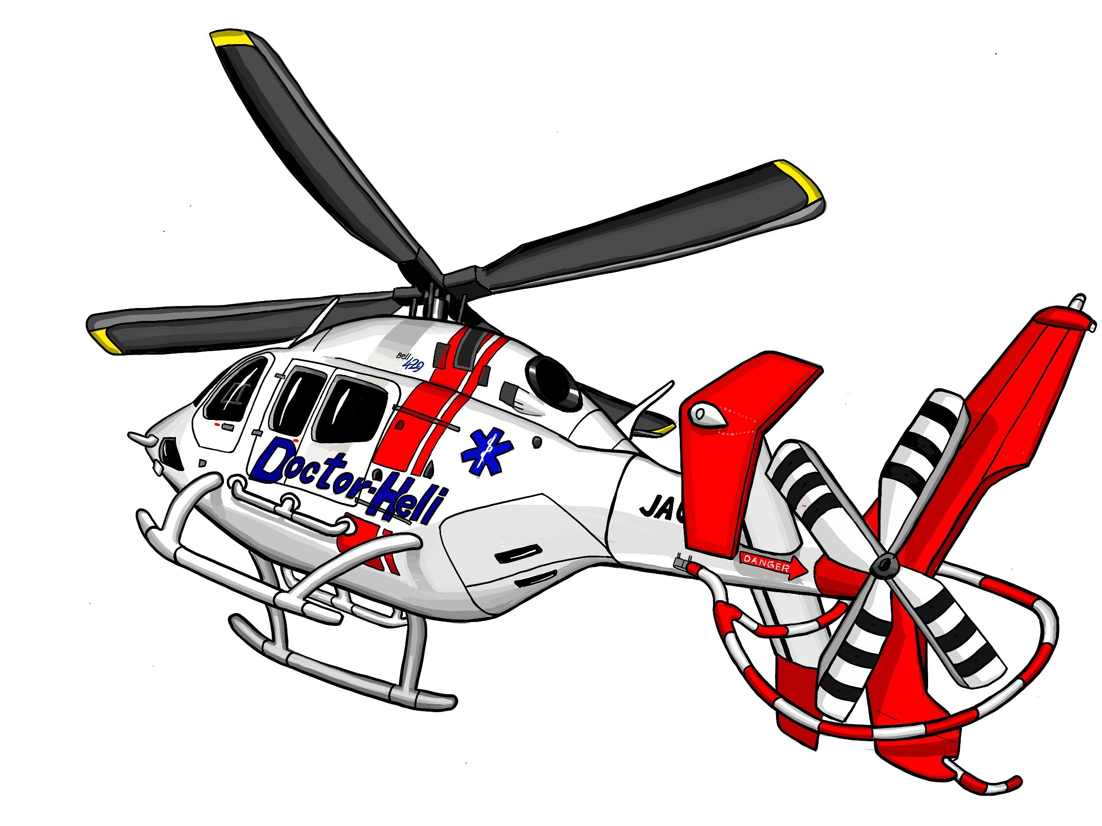 航空機と車のイラストレーター Bell429のドクターヘリです 当初より救急ヘリとして設計され ストレッチャーは機内右側に配置されています 429以外は左側 日本の救急車内と 可能な限り 同じ器材配置にしたとのことです 患者さんにもヘリクルーに