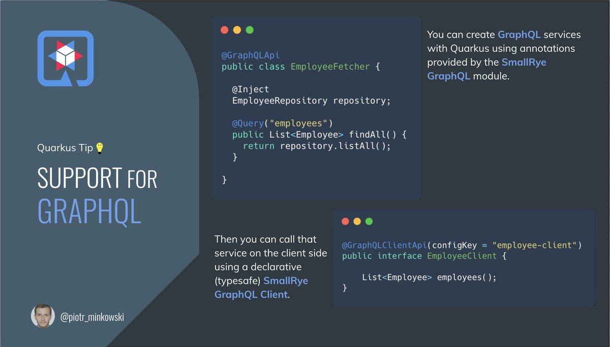 piotr_minkowski's tweet photo. Quarkus Tip 💡

You can create @GraphQL endpoints with @QuarkusIO using annotations provided by the #SmallRye GraphQL module and then call it on the client-side using a declarative (typesafe) GraphQL Client. 

🏷️ #QuarkusTips #graphql https://t.co/uZyvgfkY0p