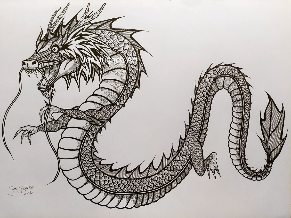 A3 Dragon design ink drawing, by Jon Judace Art. jonjudace.com