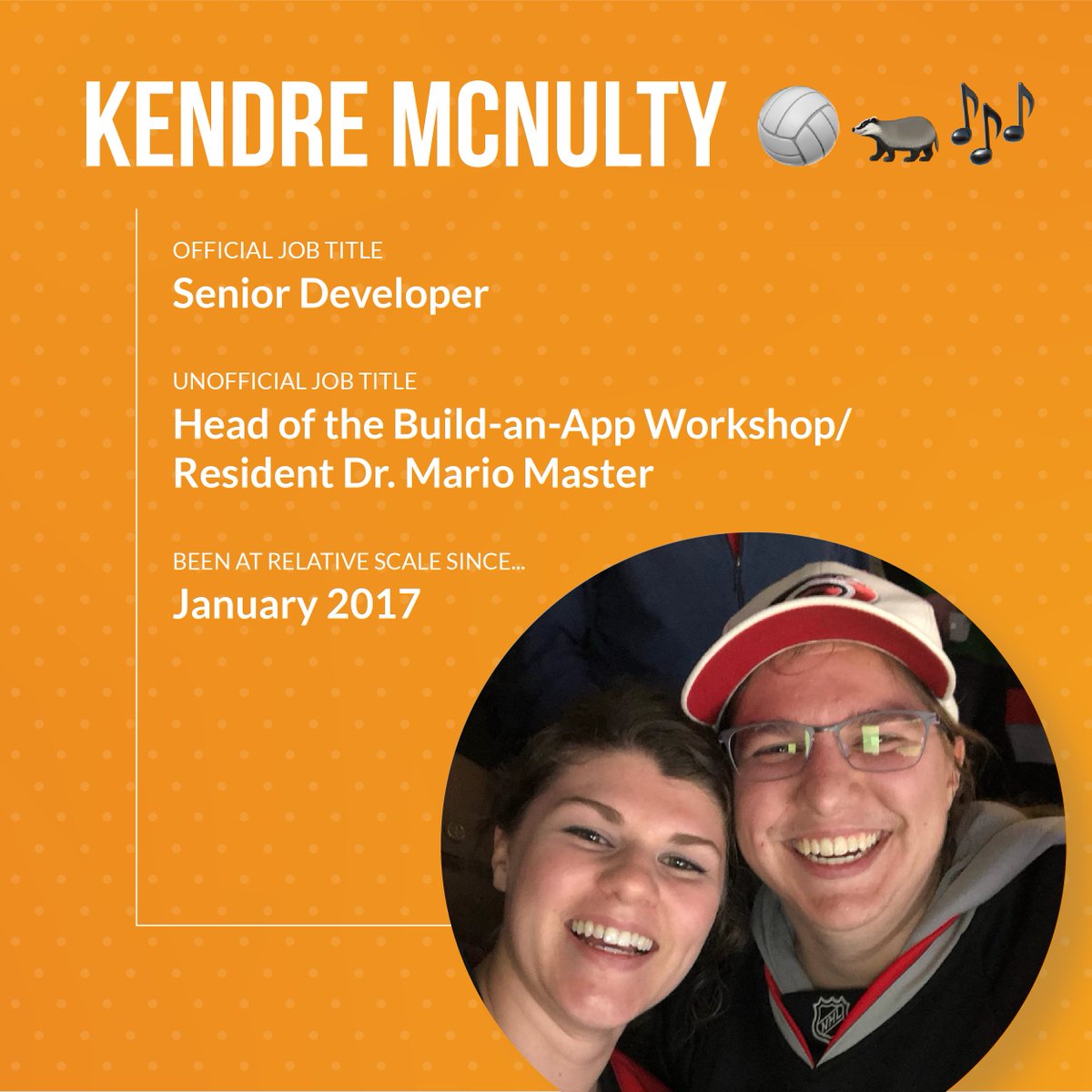 RelativeScale's tweet photo. Introducing our new series: MEET THE TEAM! First up is our Senior Developer Kendre McNulty. 🏐🦡🎶 #meettheteam #developer #designagency #relativescale https://t.co/WHWWjS20BK