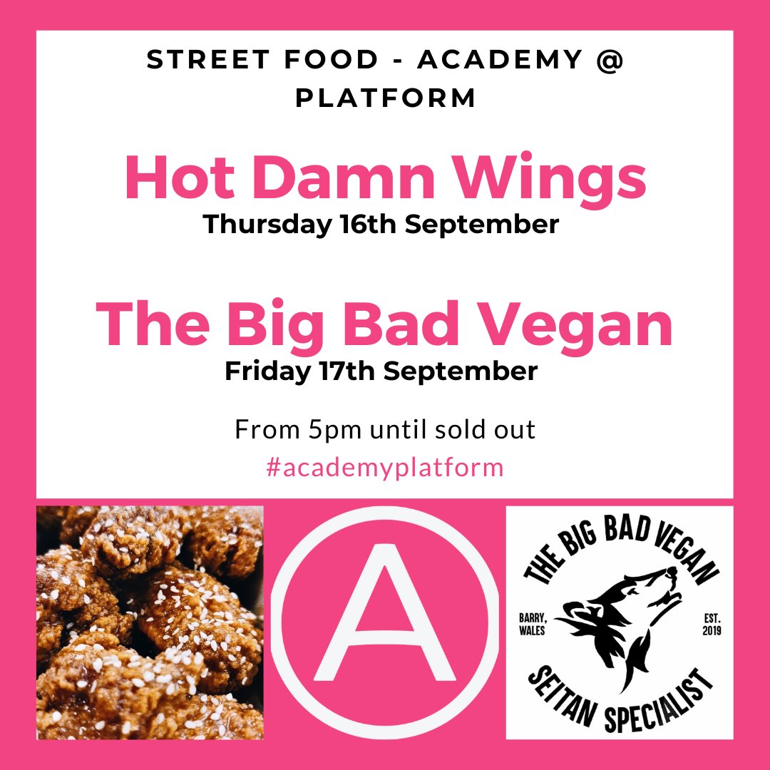 This week we two nights of street food at Academy Platform. On Thursday we welcome the award winning Hot Damn Wings and Friday sees the return of The Big Bad Vegan! 👏👏

Hot Damn Beer + Wings <a href="/TheBigBadVegan/">The Big Bad Vegan</a> 
#academyplatform #streetfood #cardiffbay #cardiff #tuesdaymotivation