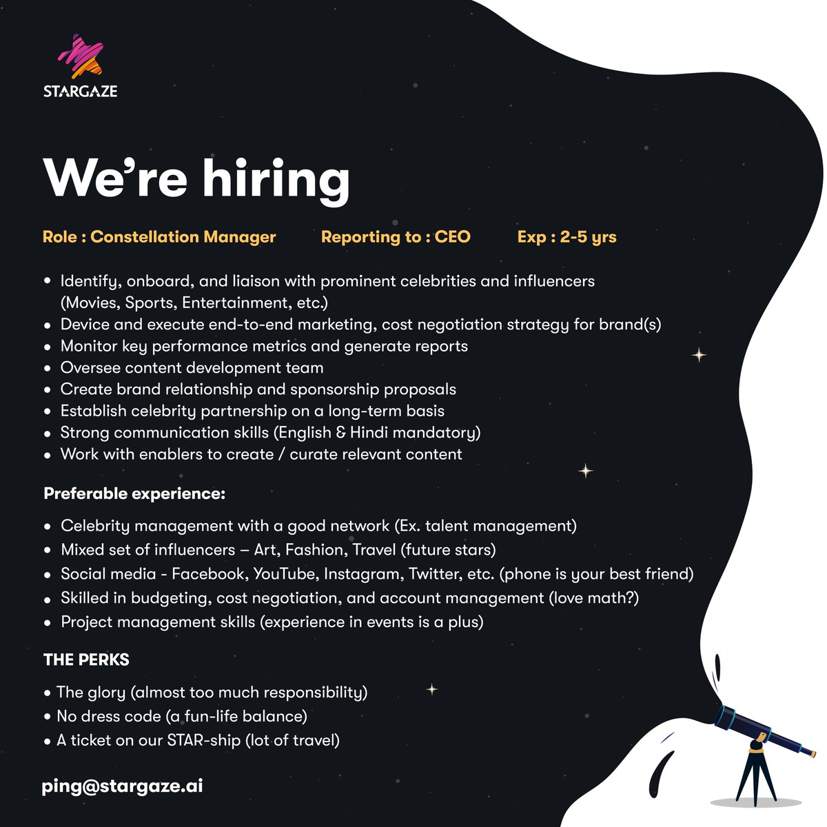 Hiring Alert! 
Stargaze is looking for a Constellation Manager, passionate to collaborate and work across different fronts simultaneously. A good fit would be someone who loves connecting, traveling, and managing multiple roles with a smile.