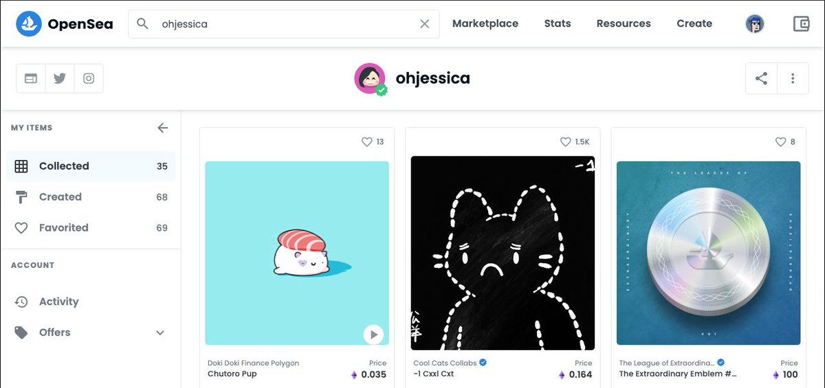 🔧 OpenSea Update: Social Links, Sticky Profile Header

The updated OpenSea profile header now makes it easier to associate your OpenSea account with your Twitter, Instagram and Web site. (eng. credit: <a href="/alekschichkanov/">Aleksandr Chichkanov</a>)