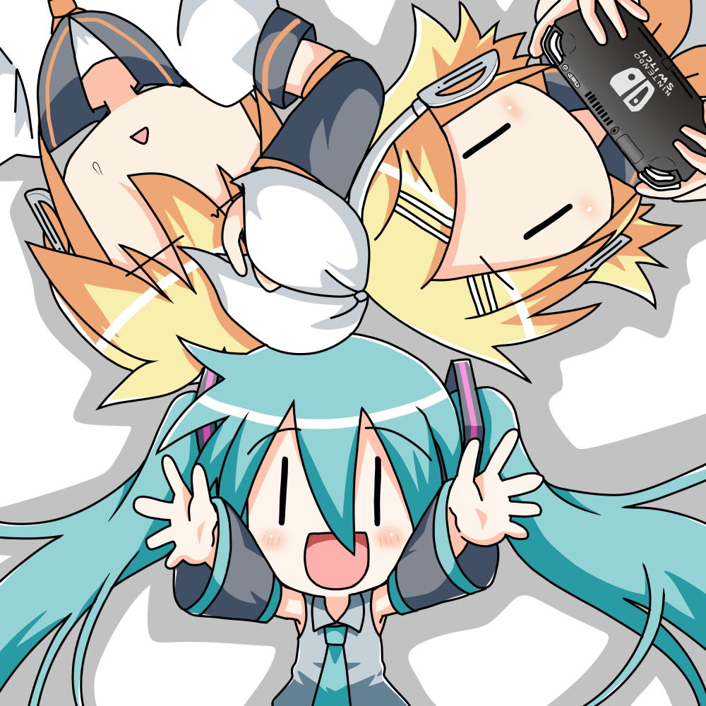 chibi miku ,hatsune miku ,kagamine len ,kagamine rin handheld game console | | multiple girls 2girls playstation portable 1boy chibi  illustration images