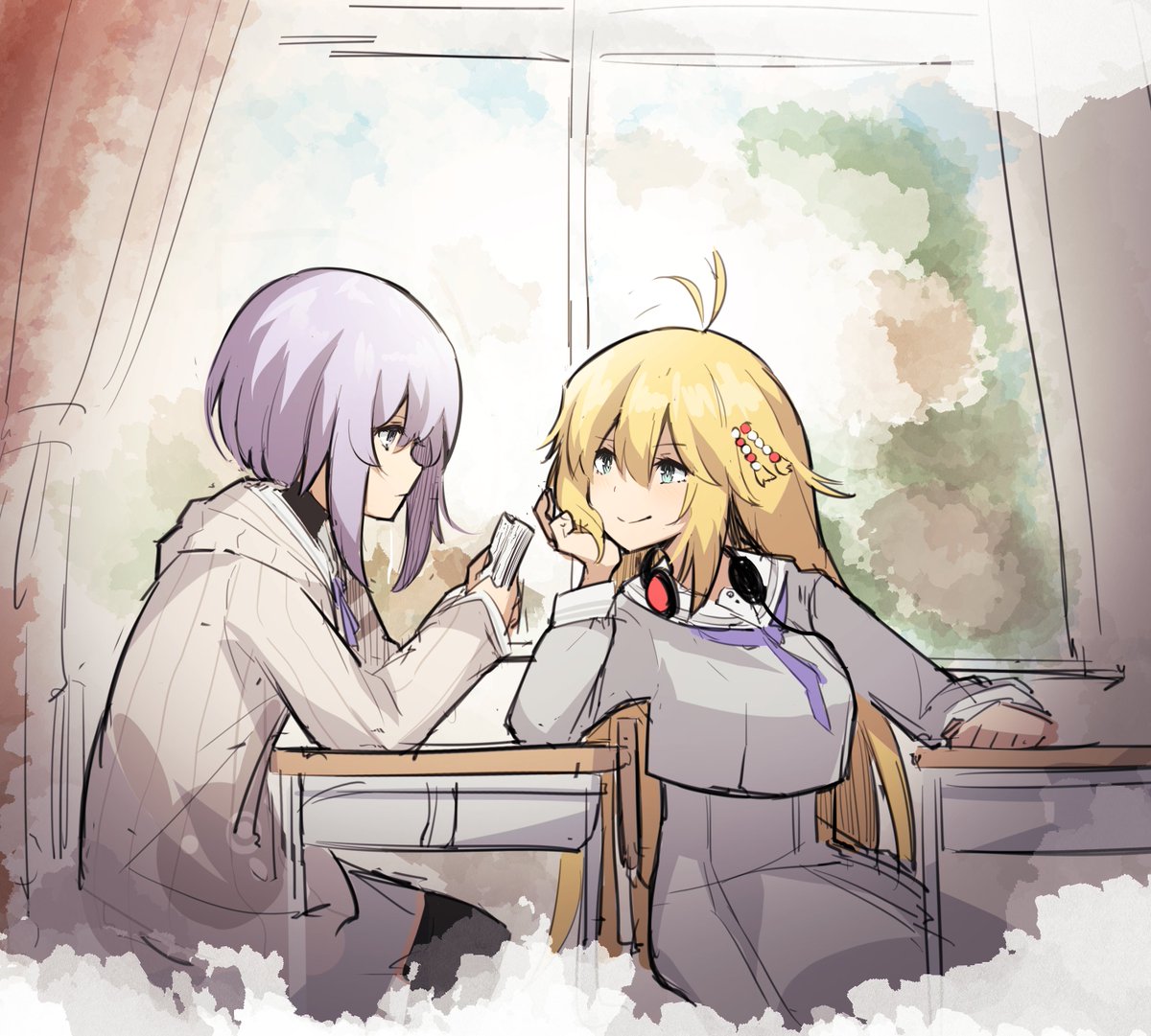 tsurumaki maki ,yuzuki yukari multiple girls 2girls purple hair blonde hair sitting desk school uniform  illustration images