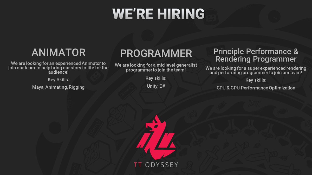 We are Hiring!! TT Odyssey, a game development studio that are based in Brighton. Message me for more information on the below. 
#ttodyssey #gamedevelopment #gaming #hiring