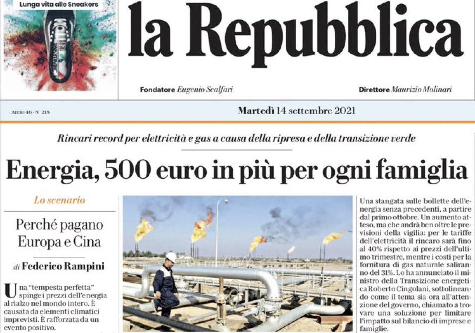 «Solo 20% aumento bollette dipende da  aumento prezzi Co2. E se avessimo avuto Green deal 5 anni fa non saremmo a questo punto xché avremmo meno dipendenza dai combustibili fossili». @TimmermansEU fa giustizia della campagna ignorante e stracciona di politici e giornali italiani