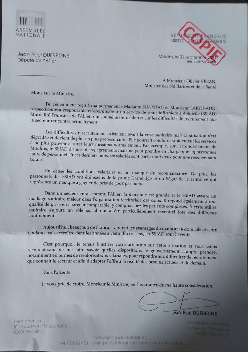 olartigaud's tweet photo. Un grand merci à notre député @JP_Dufregne pour son accueil, son écoute active et sa transmission au sommet de l'état @olivierveran .
Les SSIAD, exclus du Ségur et des primes grand âge, connaissent de graves crises d'effectifs. 
RT STP https://t.co/yHLMhs2kSf