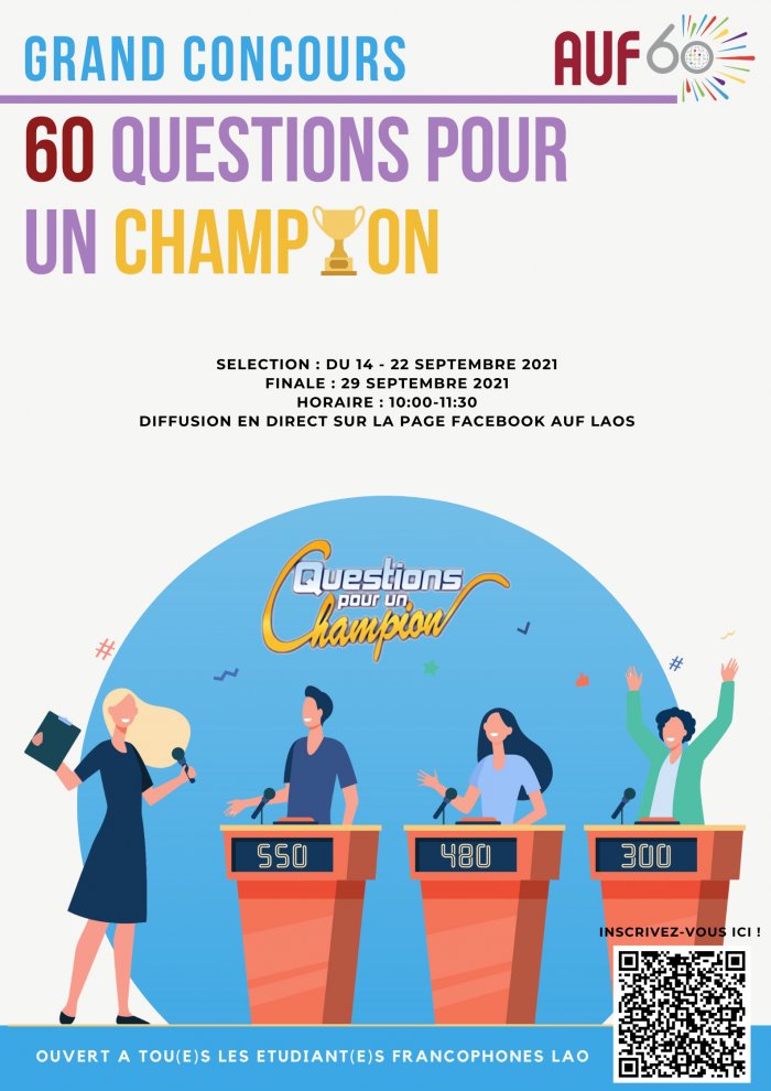 AUF_AsieP's tweet photo. 🔥 Concours « 60 Questions pour un champion » 
AUF - Laos organise un concours de connaissance en ligne intitulé « 60 Questions pour un champion » dans le cadre des activités #60heureschrono, mises en place à l’occasion du #60e #anniversaire de l’AUF.
👉 https://t.co/BTHWZN2i42 https://t.co/HvMYkkg32j