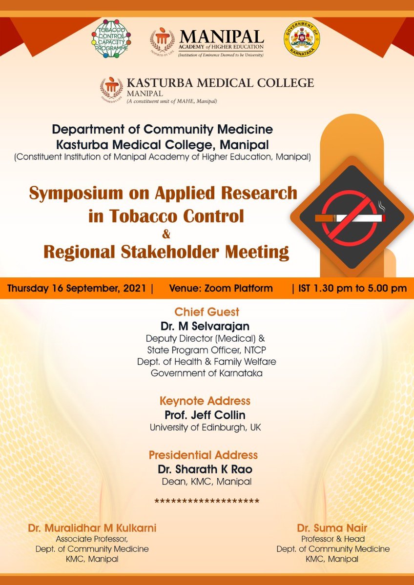 ManipalTccp's tweet photo. We are excited to conduct a virtual 'Symposium on Applied Research in Tobacco Control and Regional Stakeholder Meeting' that is to be held on 16th September 2021. @GCRF_TCCP @MAHE_Manipal @kmc_manipal @governmentofkar @MuralidharKulk8 https://t.co/d4A6VwELcu