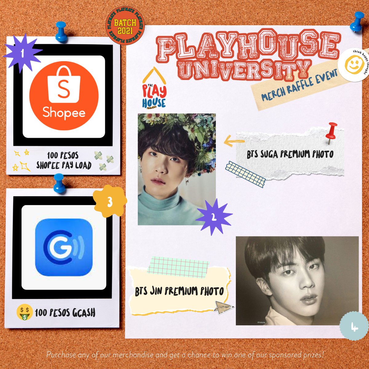 playhouseproj's tweet photo. GET A CHANCE TO WIN THESE PRIZES 🎁

Purchase any of our merch from MAAT PH, Peach Lab x Wabi Shoppe, Awkward Patatas, or BAMBUHAY PH to earn one raffle entry! Prizes include sponsored BTS Official Premium Photos from SEOULMAEIL PH, 100 Pesos GCASH, and 100 Pesos Shopee Pay💰💜 https://t.co/tpmRMxbsDr