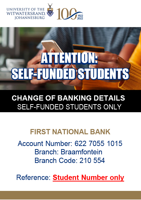 💰FEES NOTICE: Attention self-funded students; please note the change of banking details as specified in the poster below. Please visit wits.ac.za/study-at-wits/… for more details. Email: Dept-Finance-FeesOff@wits.ac.za for queries.
