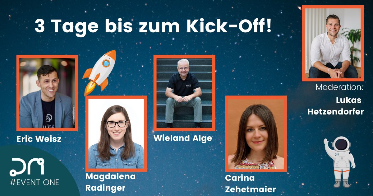 DatanautsA's tweet photo. Three Days to go! Ab heute heißt es wirklich schnell zugreifen, denn es sind nur mehr wenige Tickets verfügbar. Magdalena, Wieland, Carina, Eric und Lukas sind schon in den Startlöchern. Und ihr? Tickets sind unter https://t.co/dWNs0MUmR1 verfügbar #datanauts #befast #eventone https://t.co/iuOpd86726