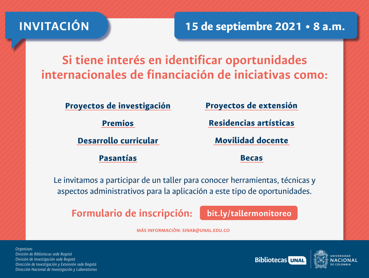 VRIUNAL's tweet photo. #SomosInvestigación Participa en el próximo taller @dirsinab #DNIL de monitoreo de oportunidades internacionales de financiación.
📅15 sep. 2021, 08:00
✍️ ℹ️ https://t.co/vcpsaAISwQ
@YosoyelAfo @UNdeLaPaz @direccion_sede @ExtensionCaribe @Sede_Orinoquia @TumacoUNAL #UNAL https://t.co/ejYUUCZLJq