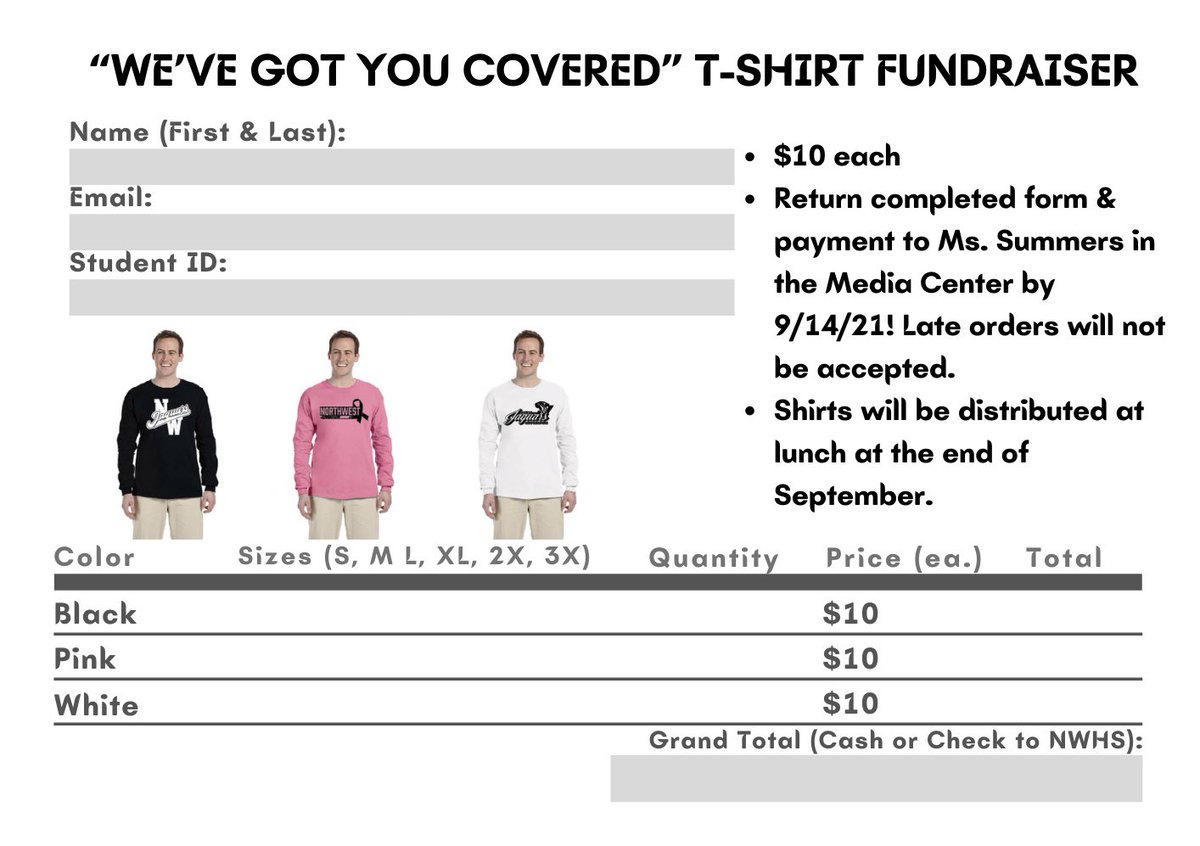 nwhsjagpride's tweet photo. Today is the last day of the $10 long sleeve tee sale! Choose black, white, pink or buy all three! Drop money to the media center! DON’T MISS OUT! #JagPride! 🐾 https://t.co/r1BBwmJcrK