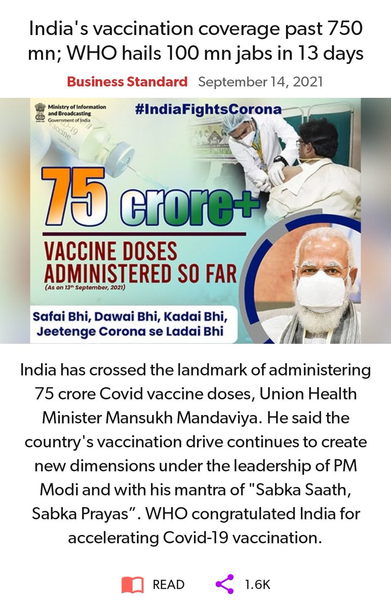 HarshBjym's tweet photo. #NaMoAppAbhiyaan

India's vaccination coverage past 750 mn; WHO hails 100 mn jabs in 13 days
https://t.co/eW8BuZIn6T

via NaMo App https://t.co/Fg5wLnIVPk