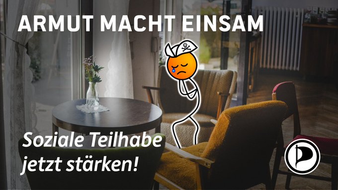 Zeichentrickfigur "Kleiner Pirat" sitzt einsam, weinend im Wohnzimmer. Text: Armut macht einsam. Soziale Teilhabe jetzt staerken!