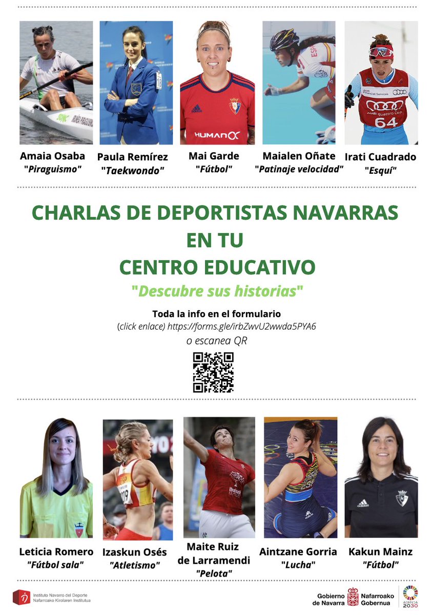 ¡Descubre sus historias!
👩‍🏫CHARLAS de DEPORTISTAS Navarras en Centros escolares de #Navarra para VISIBILIZAR, FOMENTAR y AFIANZAR la práctica deportiva femenina desde la educación. 

📆Inscripciones del 13 de septiembre al 1 de octubre

📥 Inscripción 
forms.gle/irbZwvU2wwda5P…