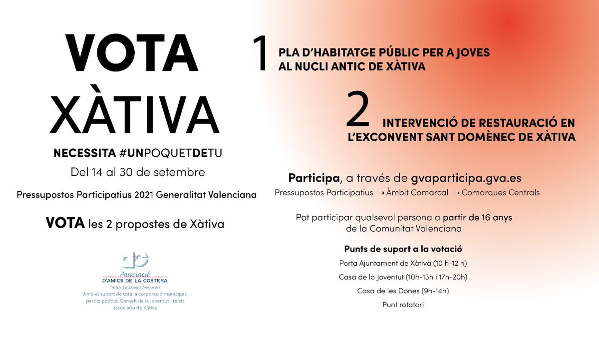 AmicsCostera's tweet photo. 📩VOTACIONS FINALS Pressupostos Participatius @generalitat [Del 14 al 30 setembre]

‼️Vota les 2 propostes de #Xàtiva

🏘Parc Habitatge Públic Joves Nucli Antic
➡️Enllaç votació https://t.co/3L25Crnnf7

⛪️Intervenció ExConvent Sant Domènec
➡️Enllaç votació https://t.co/lzl012IQK8 https://t.co/QtHjfvCb3z