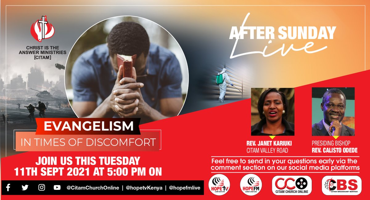 CITAMOnline's tweet photo. We live in a fallen and hostile world yet God has called us to engage in ministry despite this. 

Join us for #aftersunday live as we unpack how we can evangelise in times of discomfort. We will be live from 5 pm on Hope Tv and CITAM Church Online.

#CITAMChurchOnline https://t.co/59mXiBUtyH