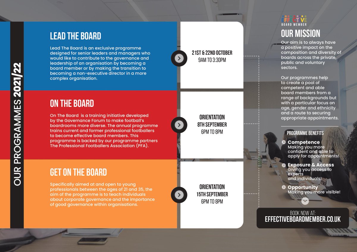 With our programmes starting soon, I want to invite any one looking to improve their influence in the board room onto our courses.

Our GOTB Programme is sold out, but we have 2 spaces left for our two other programmes.

Don't delay, book now!! ow.ly/C0Y350G9x5F