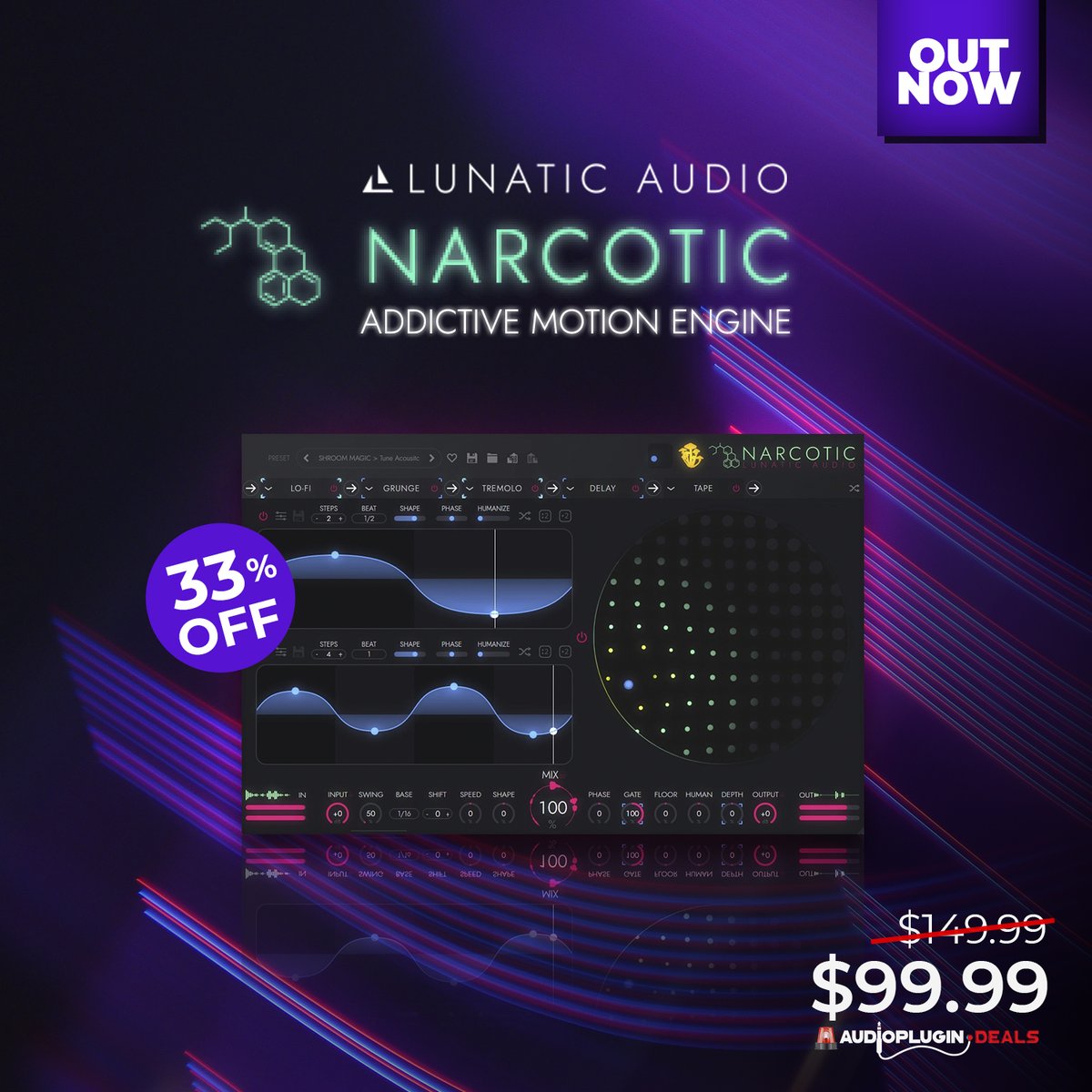 audioplugdeals's tweet image. The all-new NARCOTIC by Lunatic Audio is the ultimate way to add motion, movement and pulse to your sounds. Now only $99 (normally $149) on intro pricing for a limited time, don&apos;t miss out! audioplugin.deals/narcotic-by-lu…