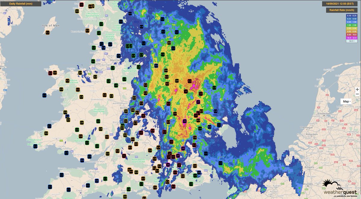 PaulBlight6's tweet photo. A Fairly wet night/morning over parts of Eastern &amp; SE England from an active front moving NE across the area.  Cambridge 23.4mm
High Beach 19.8mm
St James Park 16.8mm
Marham 16.6mm 
some localised flooding has been reported. #ukweather @wqradar https://t.co/0EpvUkFscq