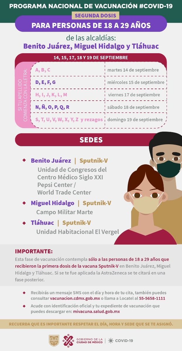 Claudiashein's tweet photo. También, 2a dosis a adultos de 18 a 29 años de Benito Juárez, Miguel Hidalgo y Tláhuac. Así como 1a dosis a adultos de 18 a 29 años de Cuajimalpa.
Hoy les toca a quienes la 1a letra de su apellido empieza con:A,B,yC.

El Programa de vacunación contra #COVID19 avanza en la Ciudad. https://t.co/7zEPV0xTBA