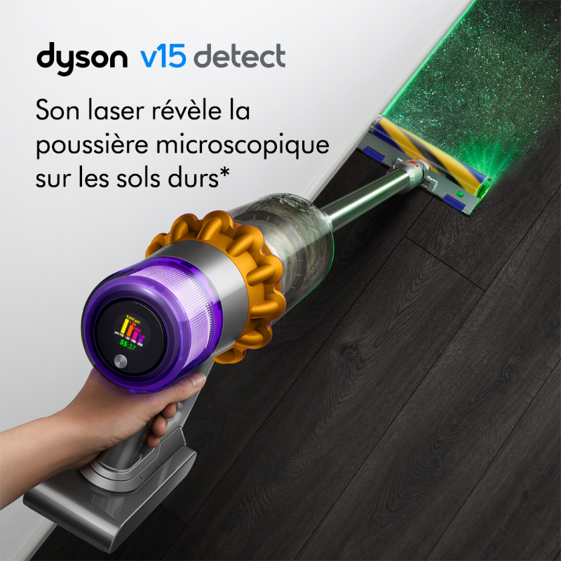 Dyson on X: Découvrez le Dyson V15 Detect™, notre aspirateur le plus  puissant et intelligent. Avec une aspiration puissante, un laser qui révèle  la poussière, et preuve d'un nettoyage en profondeur sur