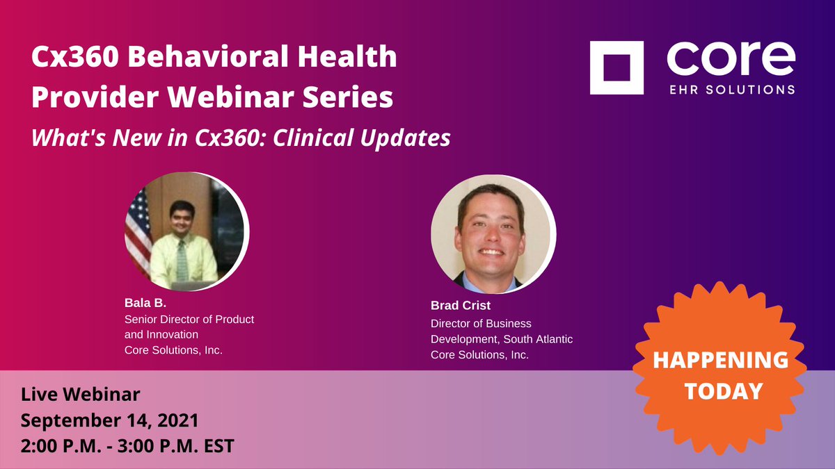 Happening at 2:00 P.M. EST today! In this first webinar, What's New in Cx360: Clinical Updates, learn about Cx360 clinical processes, functions and updates. Register here if you would like to attend: hubs.ly/H0WhHtZ0 #EHRTechnology #Cx360 #behavorialhealth