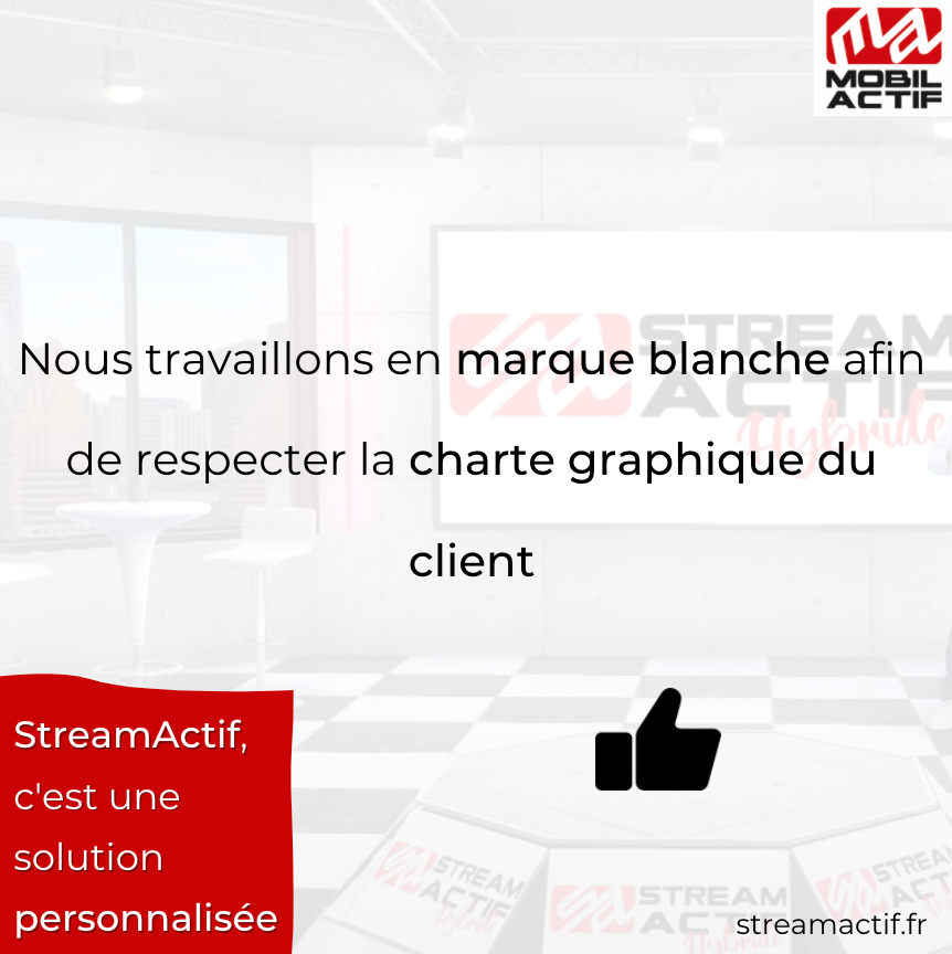 StreamActif hybride, c'est une plateforme :
✓ Complète : diffusion de tous types de contenus…
✓ Participative : engagement de l'audience (participation au live)
✓ Sécurisée : trois niveaux d'accès pour accéder à la plateforme
✓ Personnalisée : respect de la charte graphique
