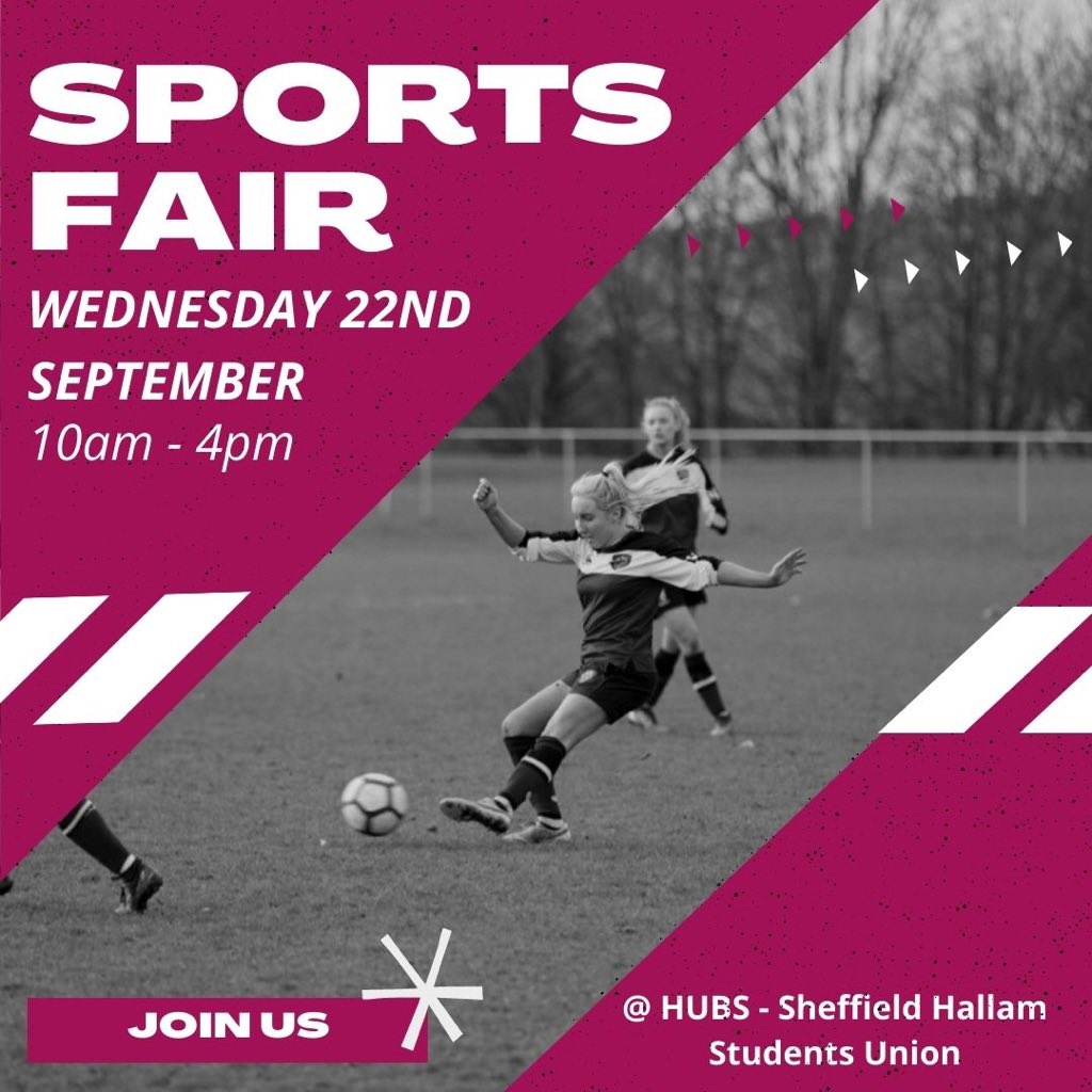 🚨JOIN US🚨

Come and join us next week at Sheffield Hallam sports fair to sign up for Women’s football(10-4 @ Hallam’s student union)!⚽️

Alternatively sign up but following this link teamhallam.org/sportsfair2021/ and feel free to drop us a message on any of our social media😅⚽️